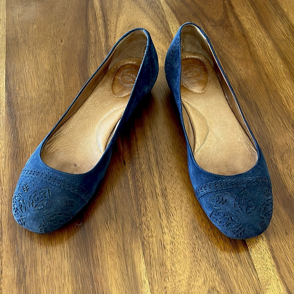 Blue suede shoes. Comfy padded flats by Nurture. 8M